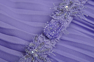 Fernanda  O-Neck Embroidery Sequins Beading Sashes Violet Long Dress