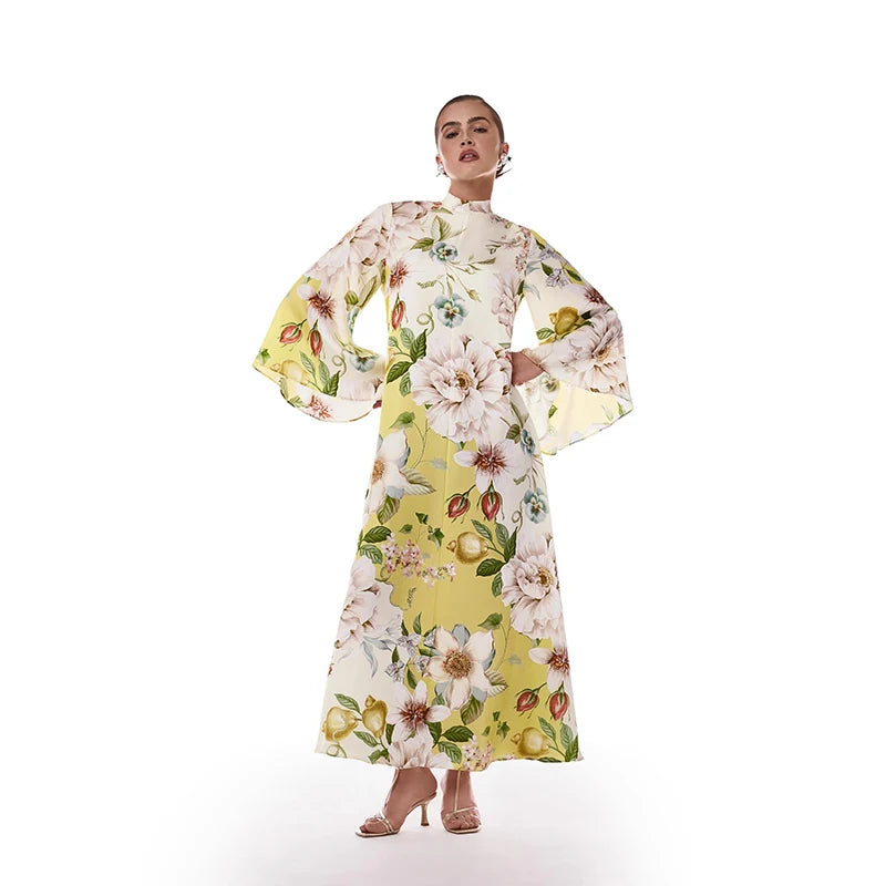 Fiona Floral Print Button Down Mock Neck Maxi Long Lantern Sleeve Dress