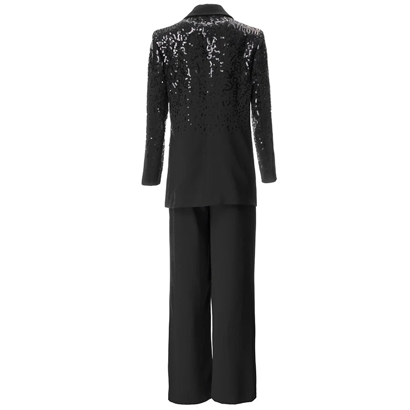 Delola Office Lady Suit Collar Long-Sleeved Sequin Suit Jacket+Wide Leg Pants 2-Piece Set