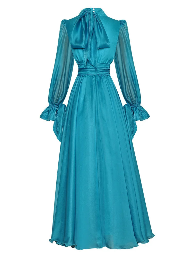 Tia Bow Lantern Long Sleeve Dress Lace Up Waist Elegant Big Swing Evening Dress