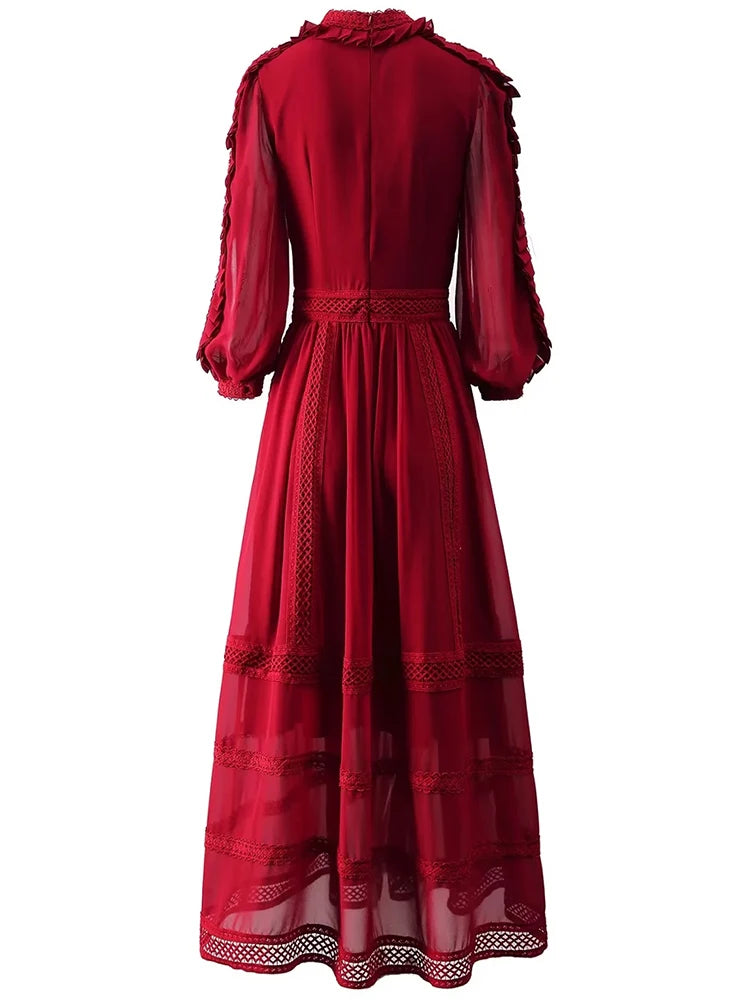 Micah Stand Collar Lantern Sleeve Draped Red Vintage Dress