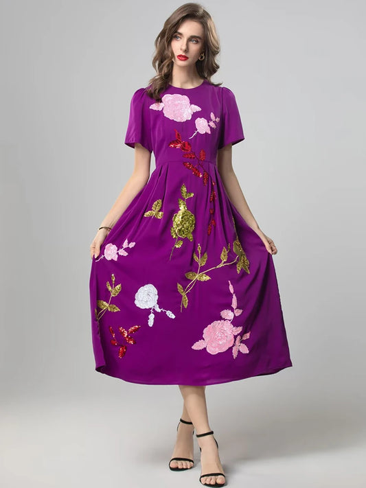 Delphina Floral  Sequins Embroidery Dress