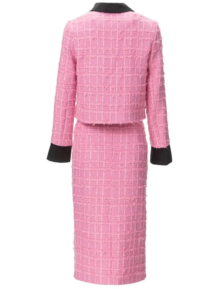 Rosalyn Plaid Tweed Suit Women Long Sleeve Pockets Single Breasted Jacket+Pencil Skirt Two-Piece Set