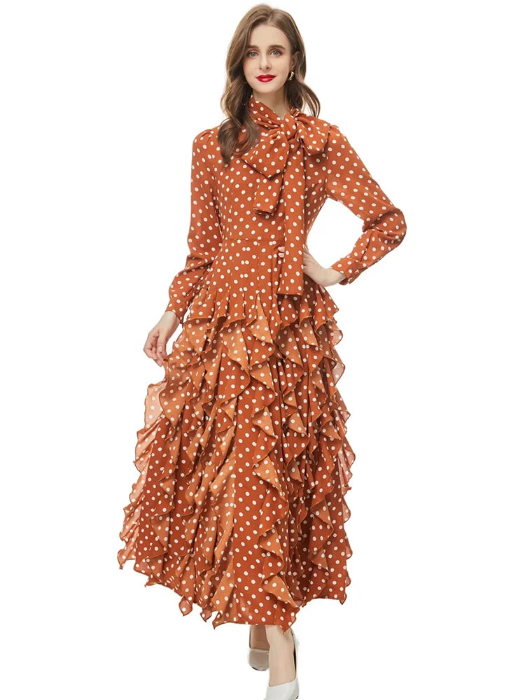 Rita Lace-up Stand Collar Long Sleeve Dot Print Ruffles Vintage Dress