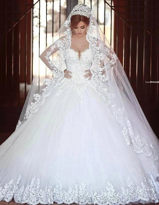 Abi Luxury Vintage Full Sleeves Lace Wedding Dress 2020 Ball Gown