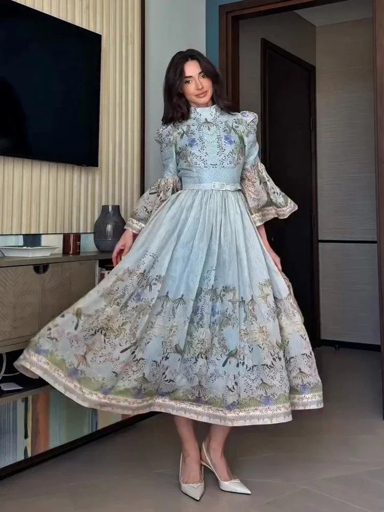 Fiona Floral Print Button Down Mock Neck Maxi Long Lantern Sleeve Dress