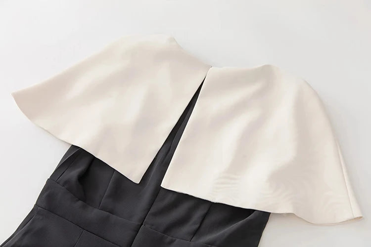 Helen V-Neck White Patchwork Cloak Sleeves Pockets Solid Color Office Lady Wide leg pant