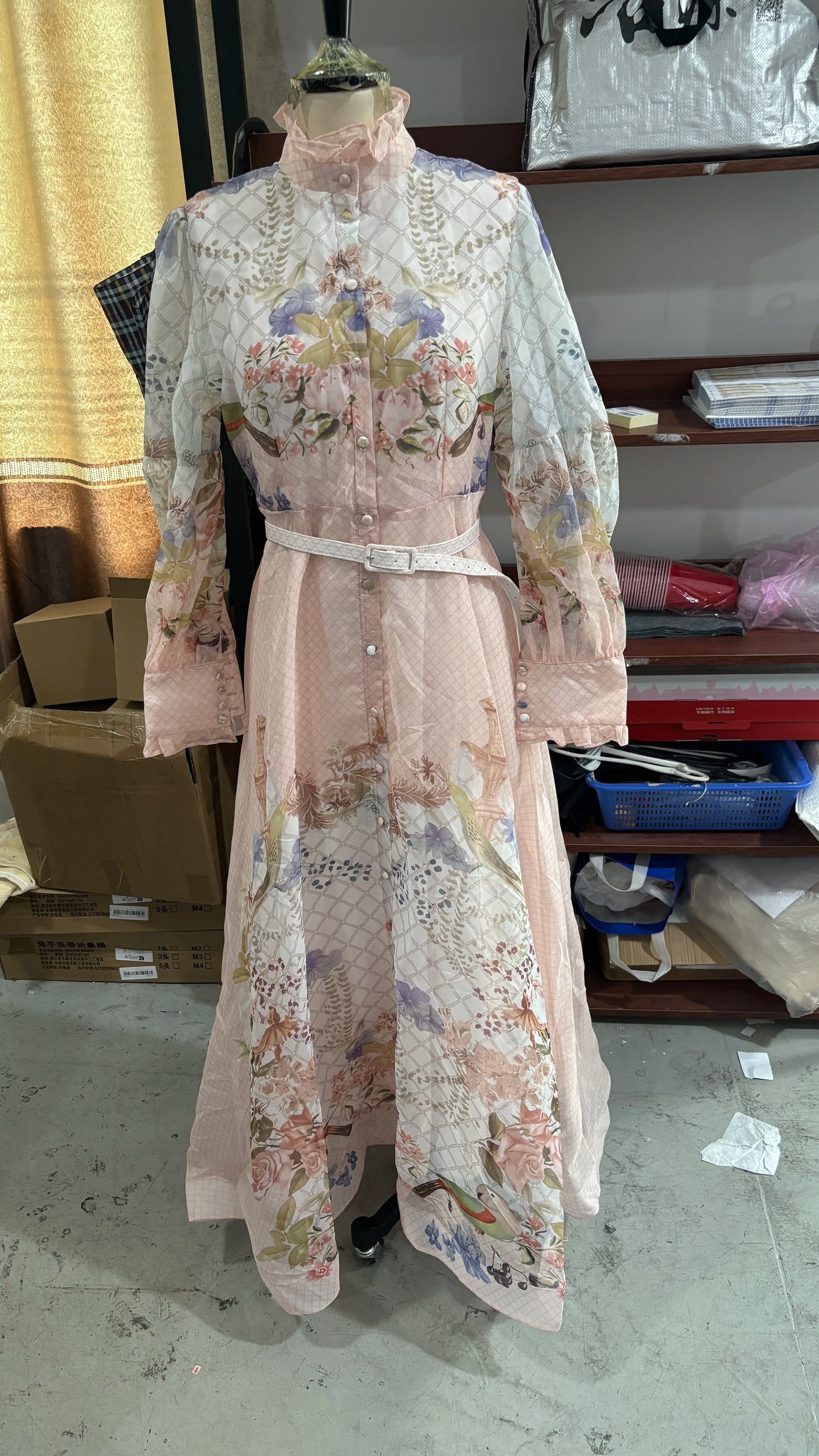 Fiona Floral Print Button Down Mock Neck Maxi Long Lantern Sleeve Dress