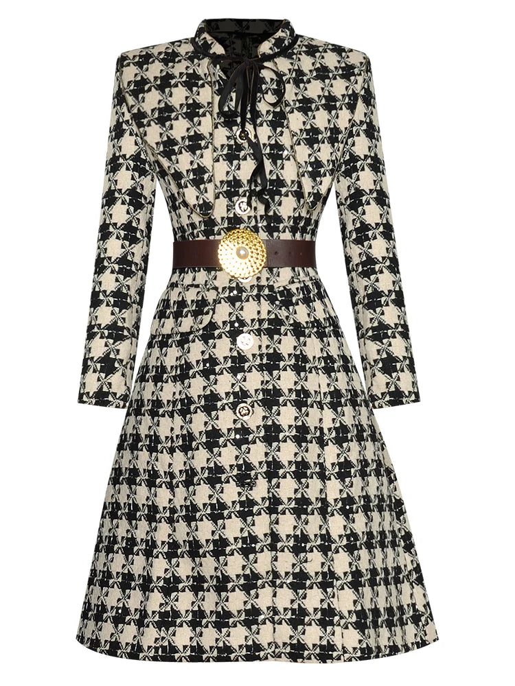 Emmeline Single-breasted Belted Long Sleeve Houndstooth Printed Casual Dress