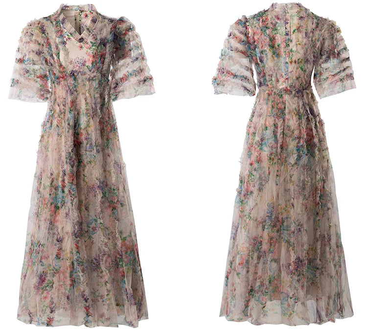 Melina V-Neck Short Sleeve Floral Print Ruffles Vintage Ball Gown Dress