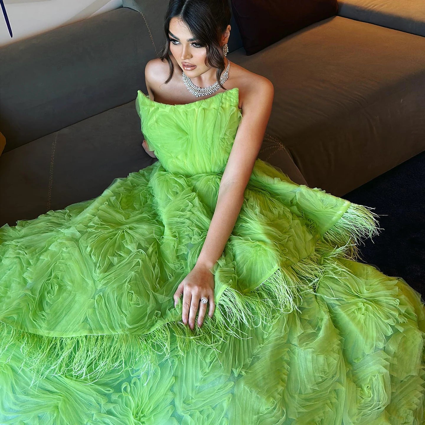 Mina Luxury Feather 3D Floral Lime Green Evening Dress