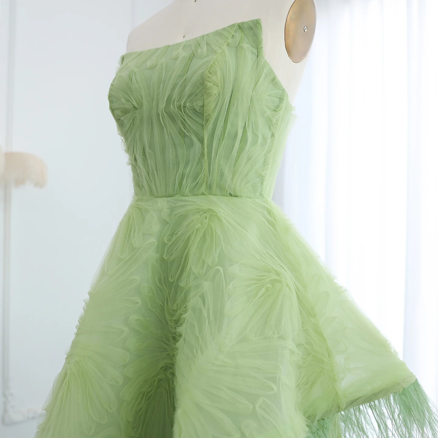 Mina Luxury Feather 3D Floral Lime Green Evening Dress