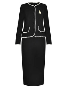 Nelly Autumn Tweed Suit Women O-Neck Long Sleeve Contrasting Colors Coat + Pencil Skirt Office Lady 2-Piece Set