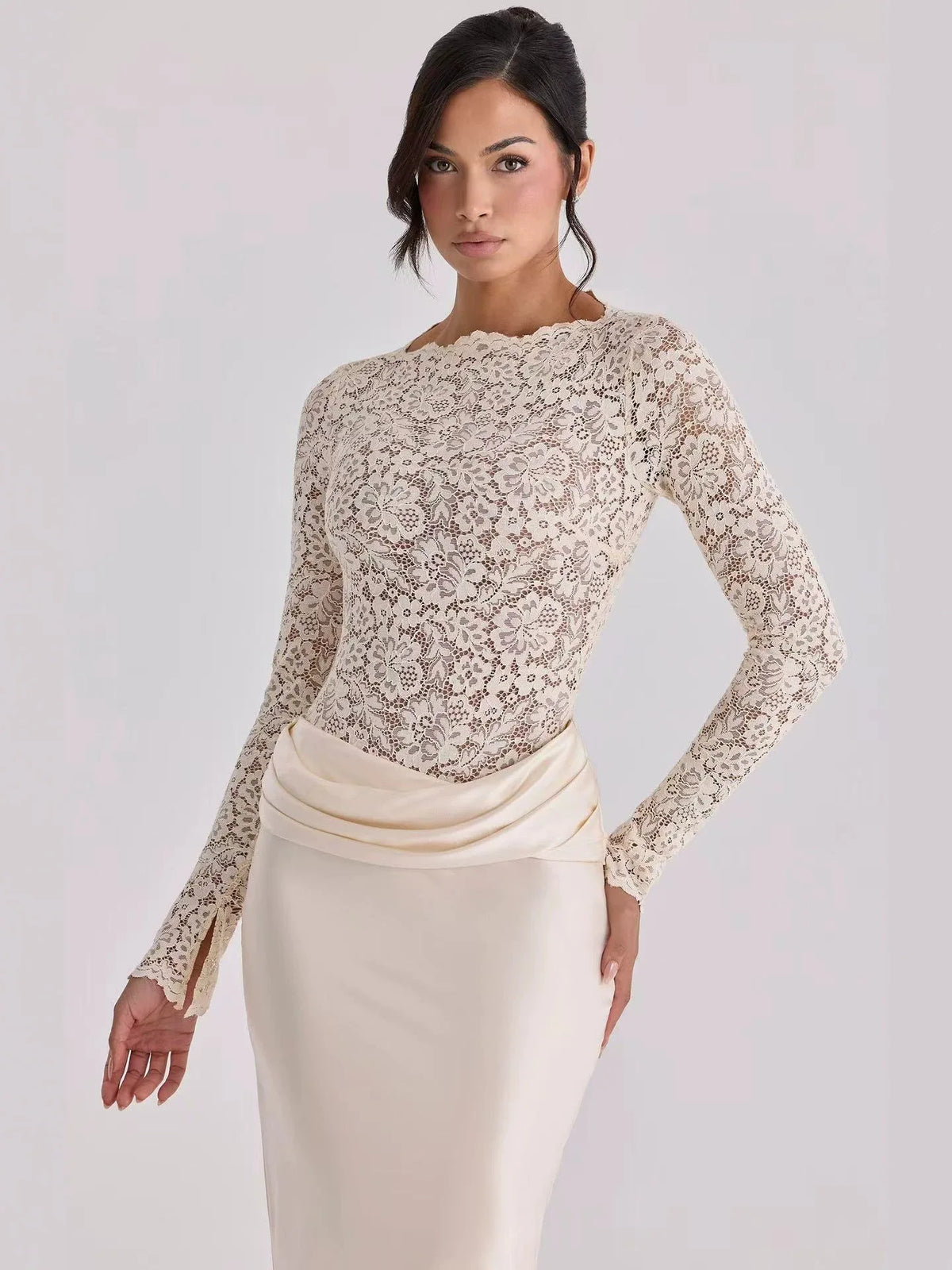 Ora Elegant Splice Fish-tail Skirt Bodycon Long Dress Fashion Lace Hollow Out Full Sleeve Maxi Dress