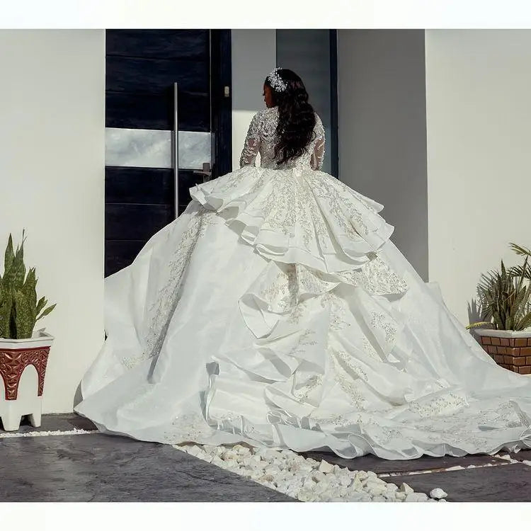 Jane Luxurious Arabic Style A Line Wedding Gowns Long Sleeves Plus Size Puffy Train Princess Sparkly Sequins Bridal Party Dress