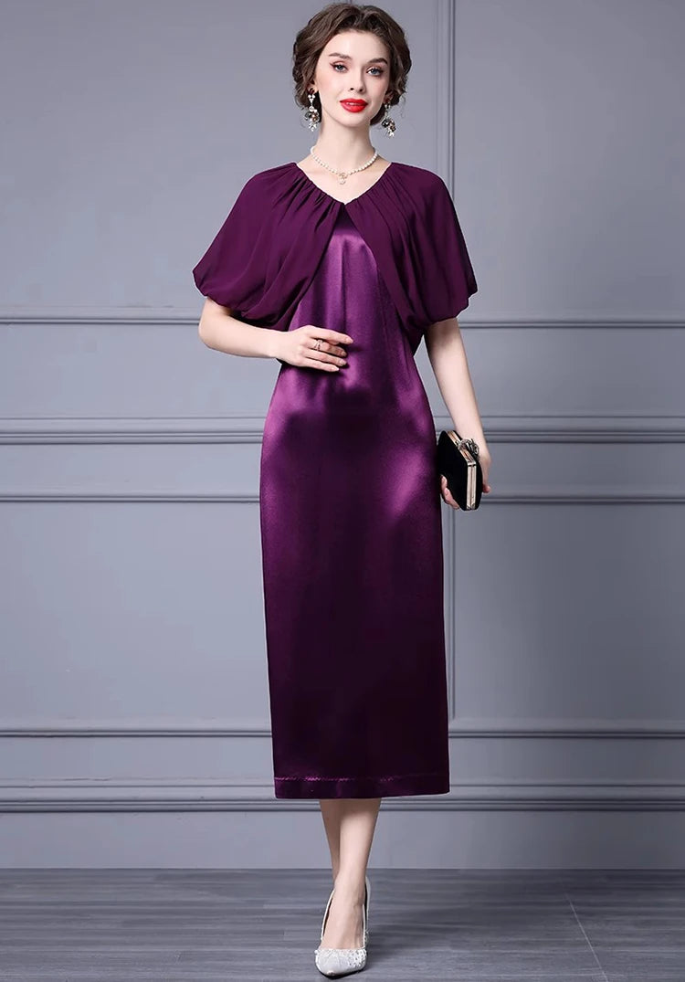 Saira V-Neck Splicing Cloak Sleeves Folds Slim-Fit Hip Wrap Elegant Dress