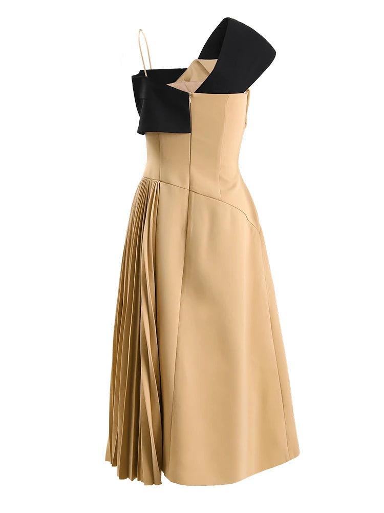 Sarah Irregular Spliced  Kink Backless Slash Neck Pleated Elegant High Waist Dress