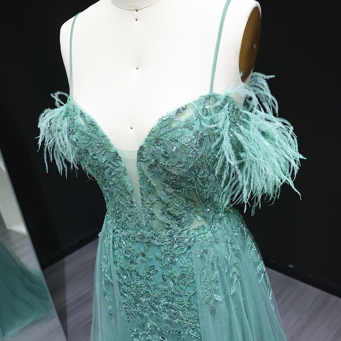 Maria Tulle A-Line Long Feather Off Shoulder Prom Dress