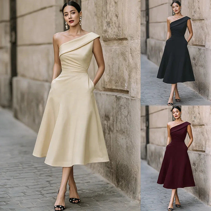 Wenny Off-shoulder Solid Color High Waist Slimming Simple Temperament A-line Skirt