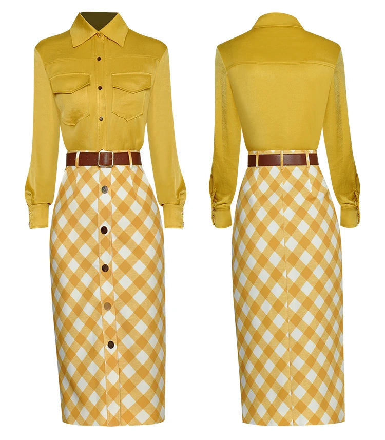 Rylie Skirts Suit Women Turn-down Collar Yellow Shirt + Slim Sashes Plaid Skirts Two Pieces Set