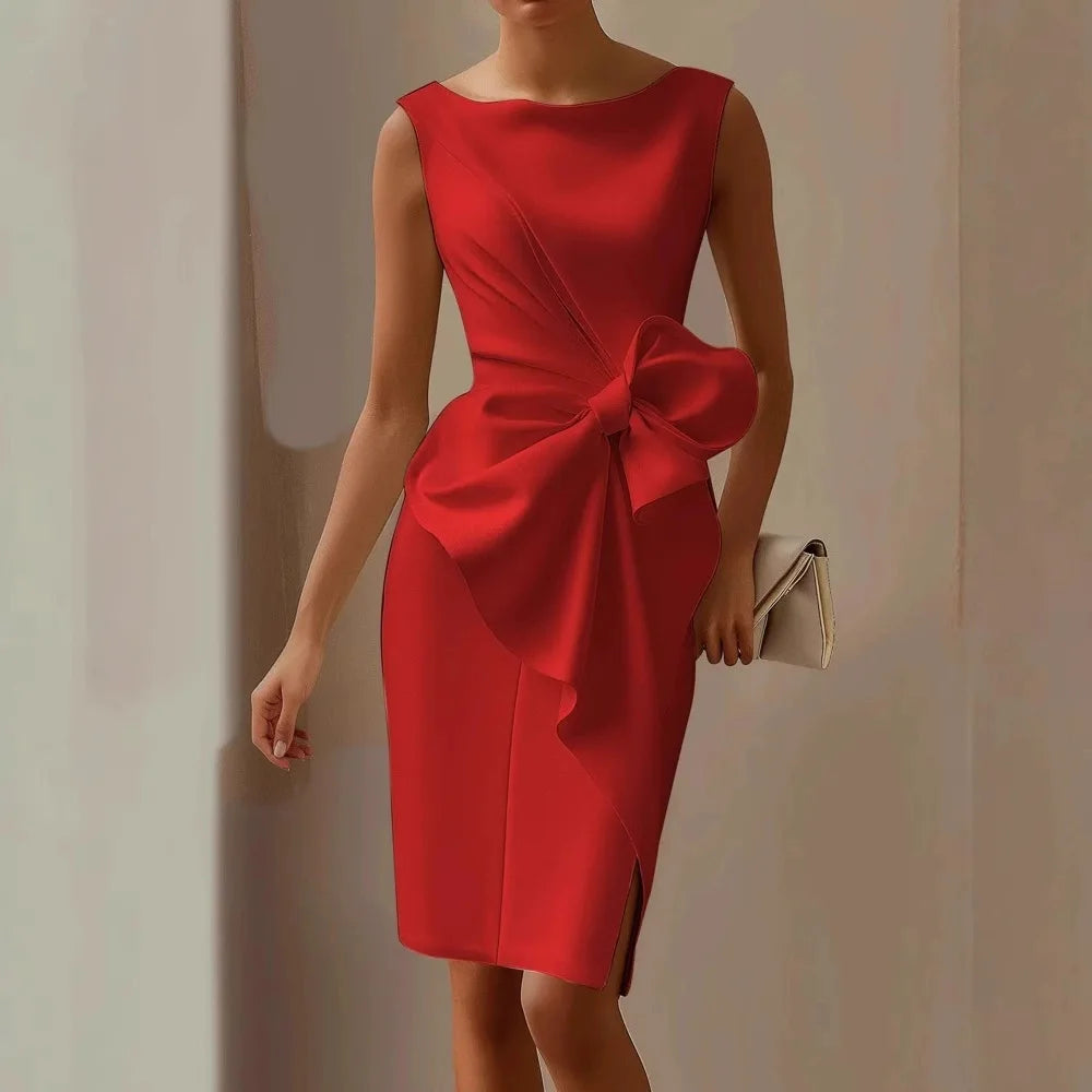 Dimples O-neck Sleeveless White Elegant Bow Slim Party Red Evening Slit Vest Skirt