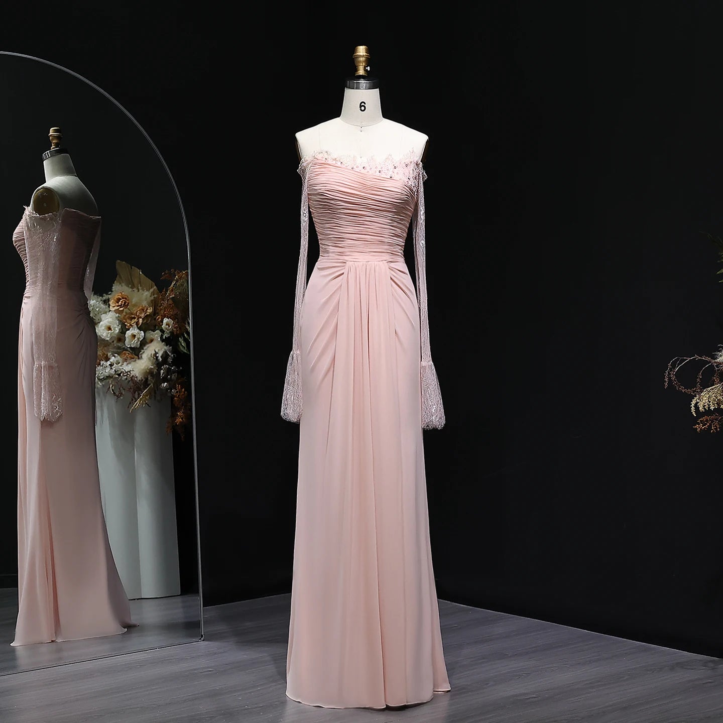 Karzen Pink Lace Off Shoulder Evening Dress