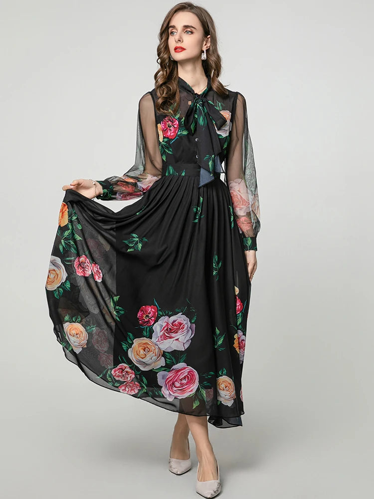 Noah Lace-up Collar Lantern Sleeve Floral Print Elegant party Dress