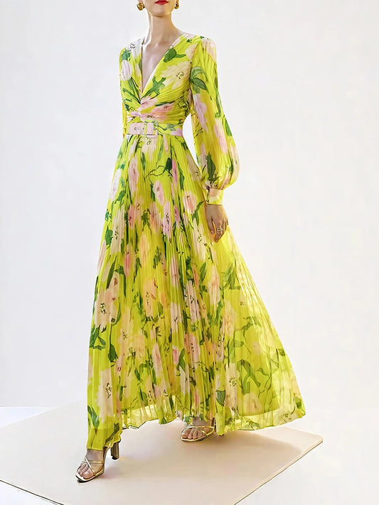 Elaine Pleated Floral Long Dress