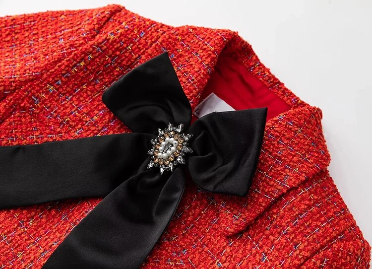 Fallon Plaid Tweed Suit Women Beading Bow Pockets Long Sleeve Jacket+Tassel Pencil Skirt Vintage 2 Piece Set