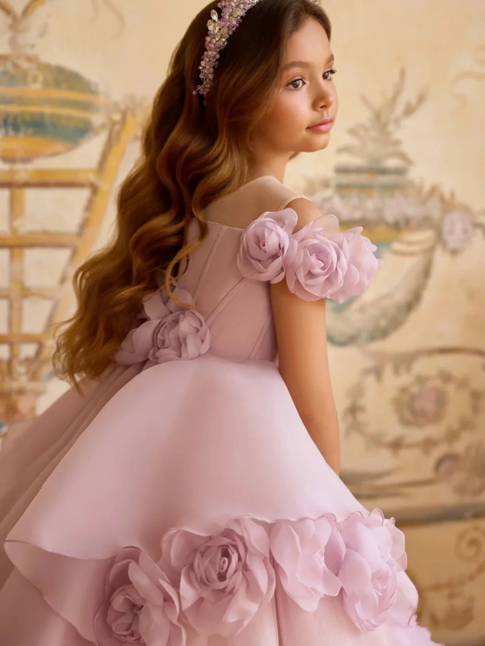 Arianna Lilac Princess Dress 3D Rose Off Shoulder Tulle Ball Gown for Kids