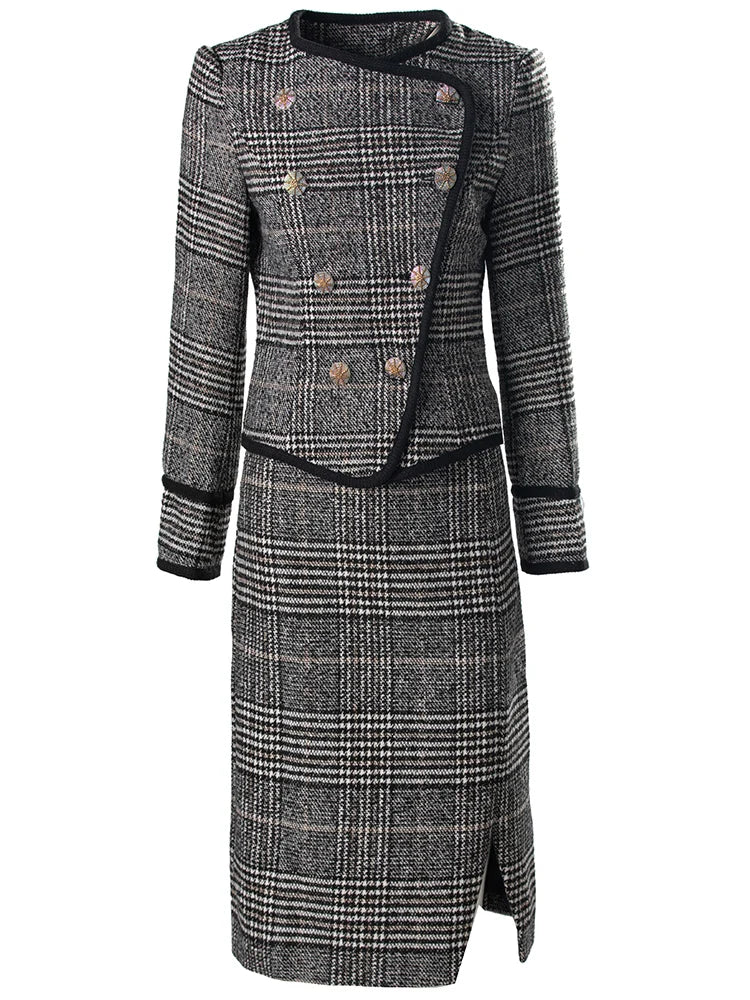 Danielle Plaid Tweed Suit Women O-Neck Double Breasted Jacket+Pencil Skirt Office Lady Two Piece Set