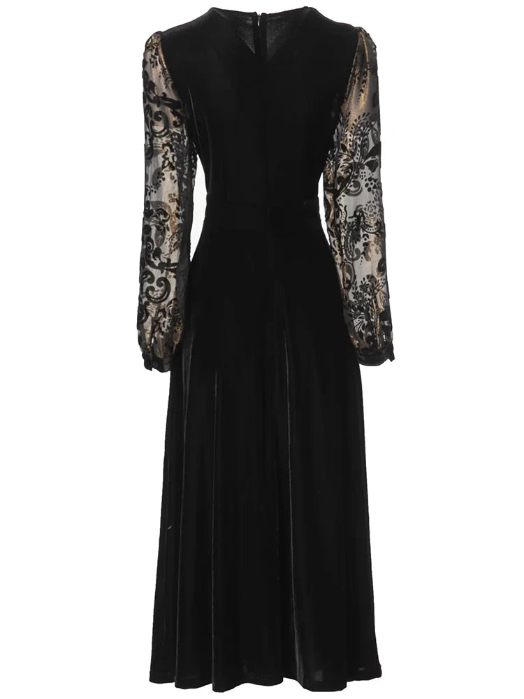 Blaire  V-Neck Jacquard Lantern Sleeve Black Dress