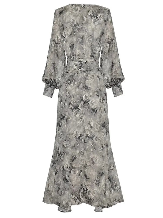 Cecilia V-Neck Lantern Sleeve Lace-up Folds Vintage Print Dress