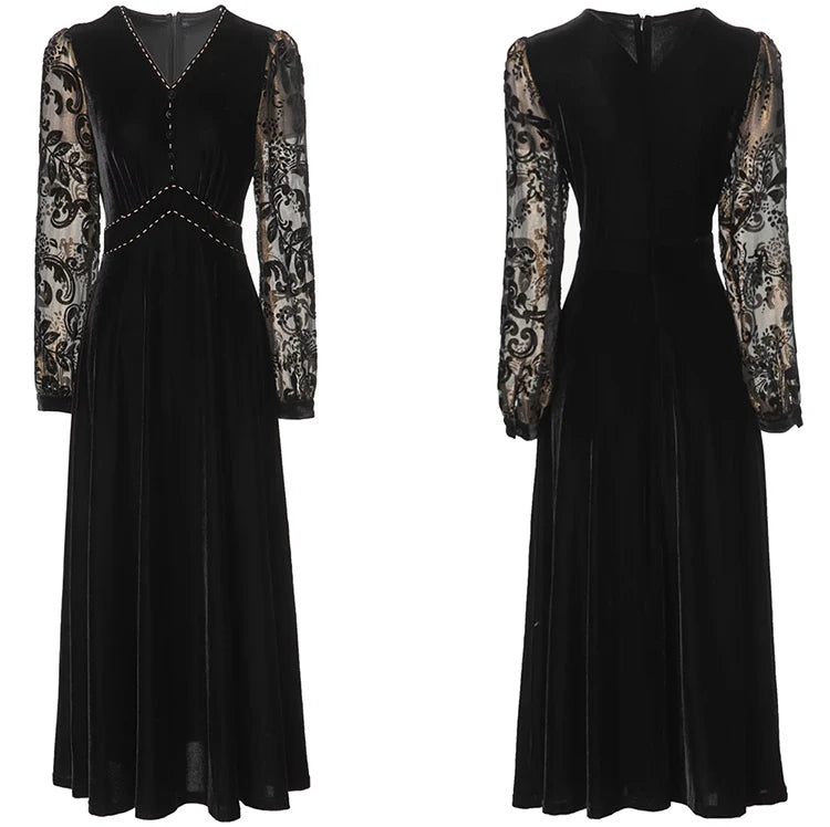 Blaire  V-Neck Jacquard Lantern Sleeve Black Dress