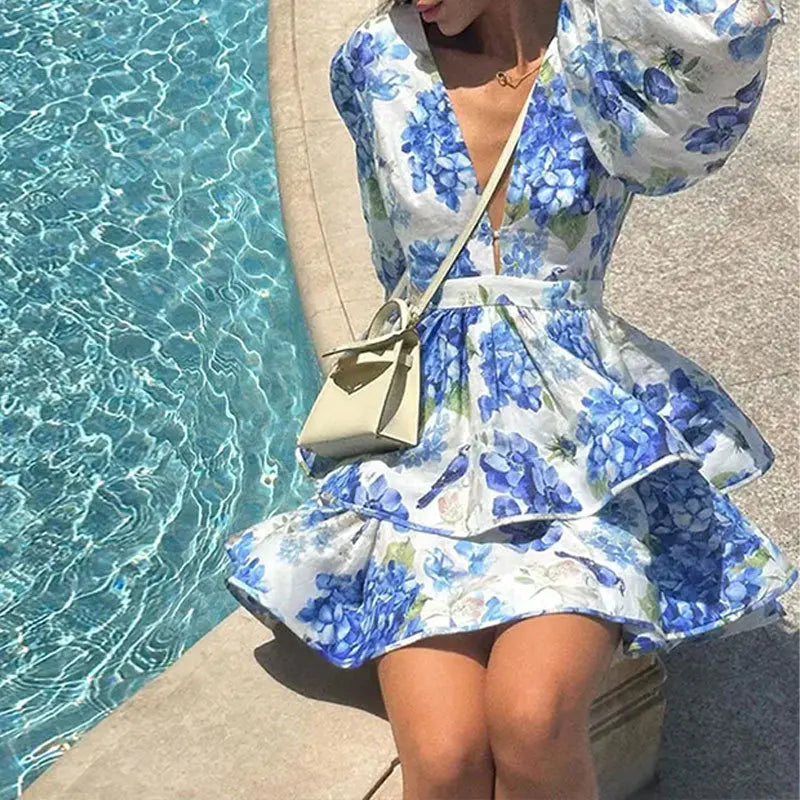 Mikaela Chic V-neck Puff Long Sleeve Double Layer Ruffle Mini Dress