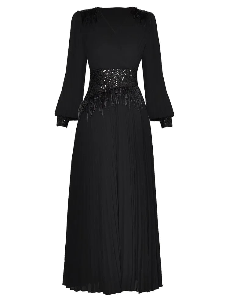 Eleanor  V-Neck Lantern Sleeve Feathers Sequins Patchwork Elegant Party Pleated Black Dress