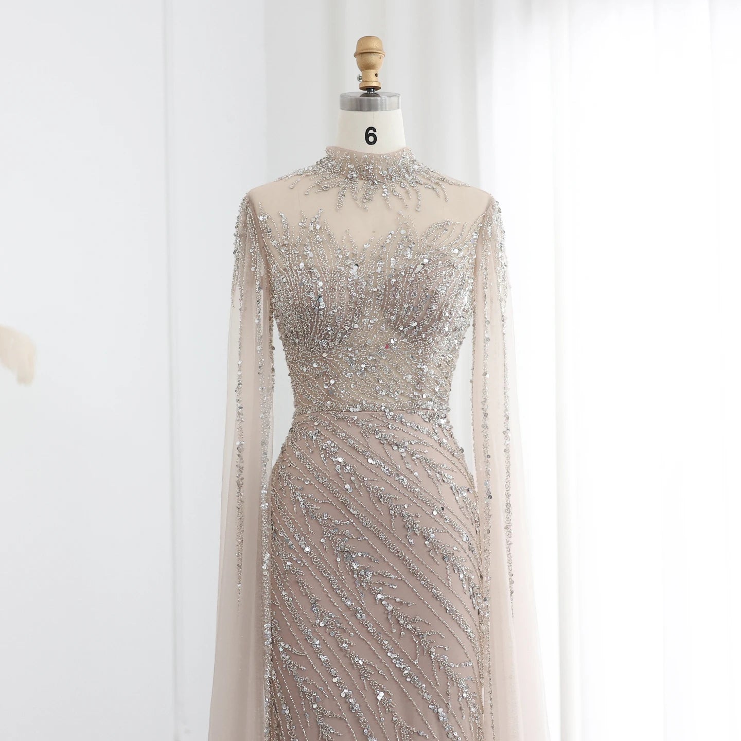 Becky Black High Neck with Beaded Cape Sleeve Evening Dress