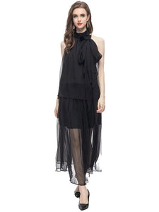 Callie Appliques Stand Collar Sleeveless Tops + Long Skirt Chiffon Black Two Pieces Set
