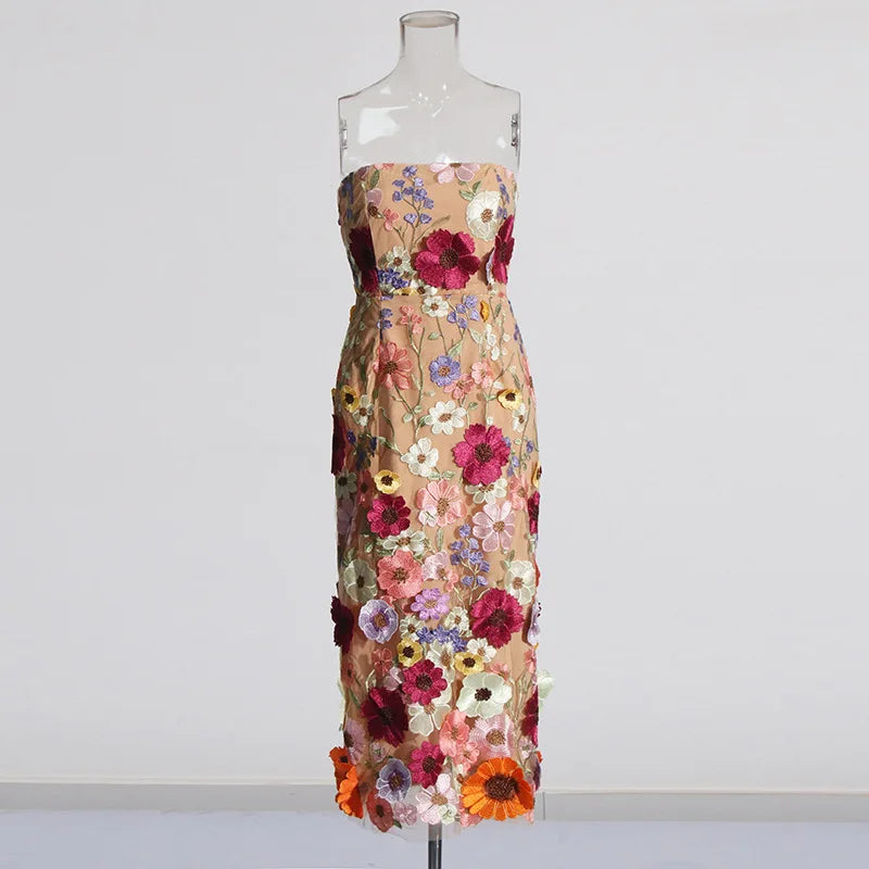 Christine Contrast Color Mesh 3D Floral Patchwork Design Dress