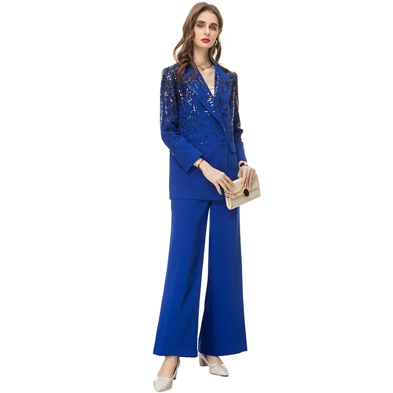 Delola Office Lady Suit Collar Long-Sleeved Sequin Suit Jacket+Wide Leg Pants 2-Piece Set