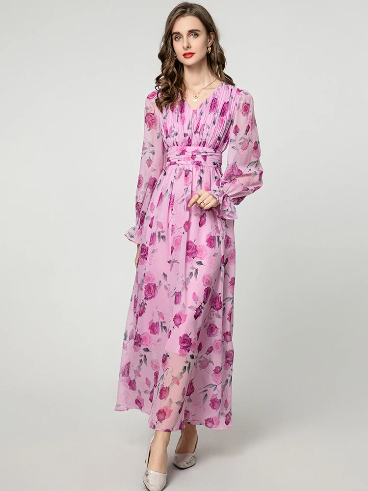 Eliana Vintage Rose Print V-Neck Dress