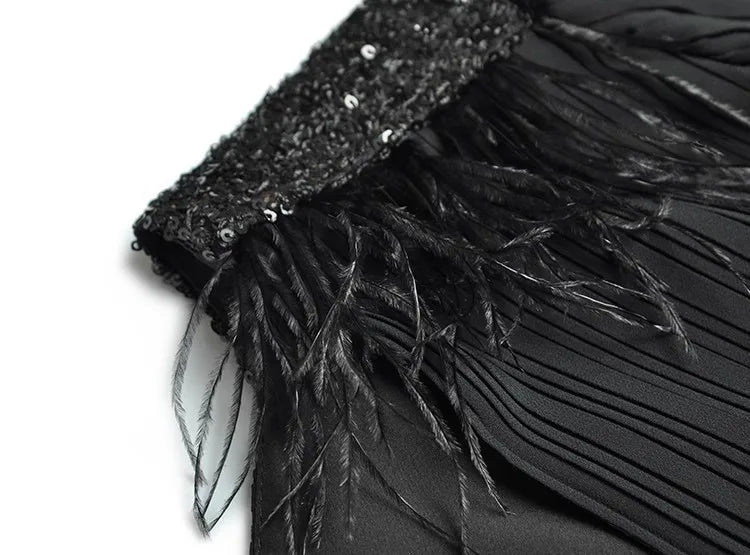 Eleanor  V-Neck Lantern Sleeve Feathers Sequins Patchwork Elegant Party Pleated Black Dress