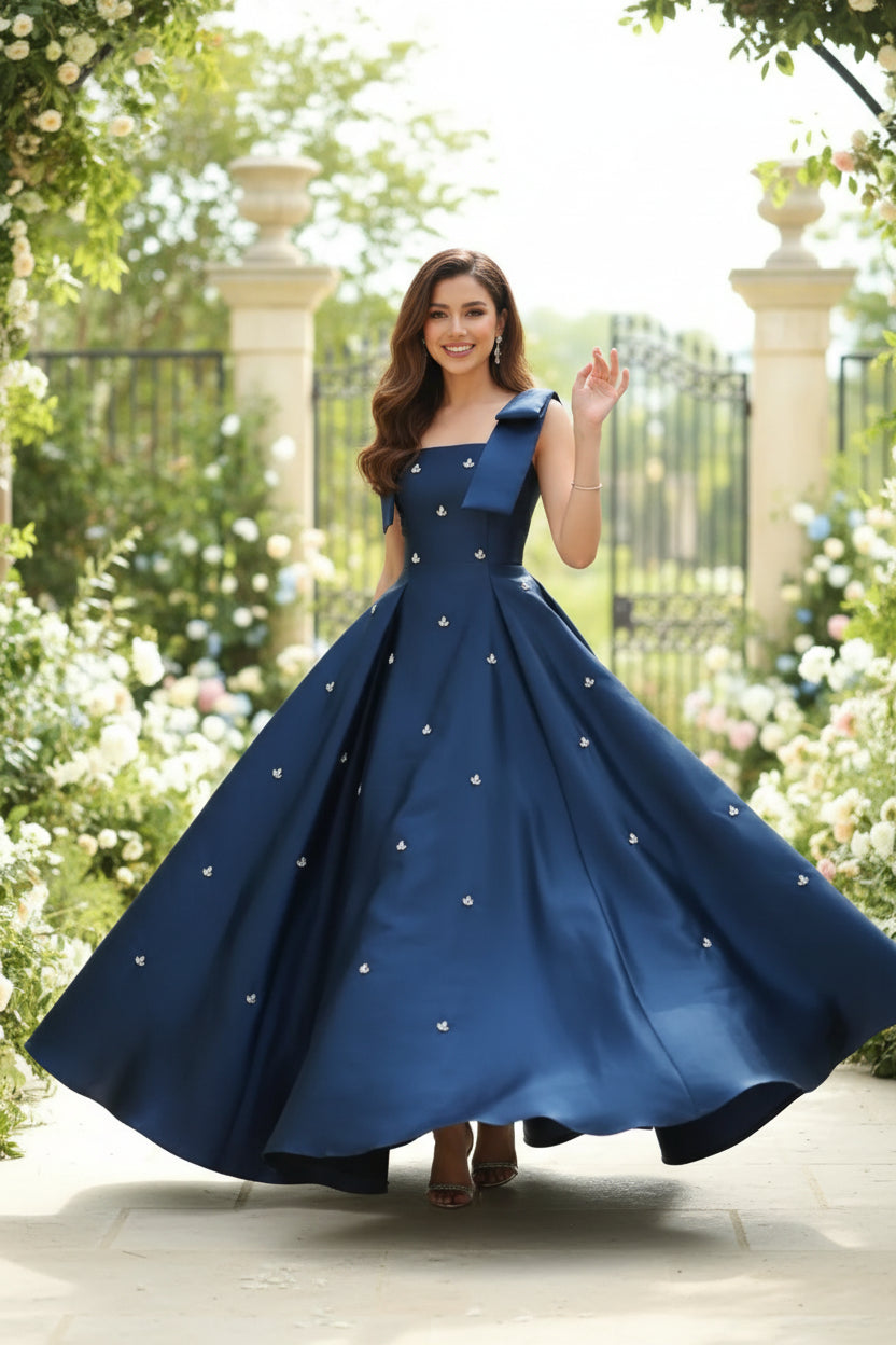 Naomi Blue Beaded Long Bespoke Occasion Gown Evening Dress