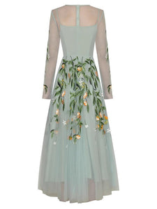 Remi O-Neck Long Sleeve Flowers Embroidery Elegant Party Long Dress