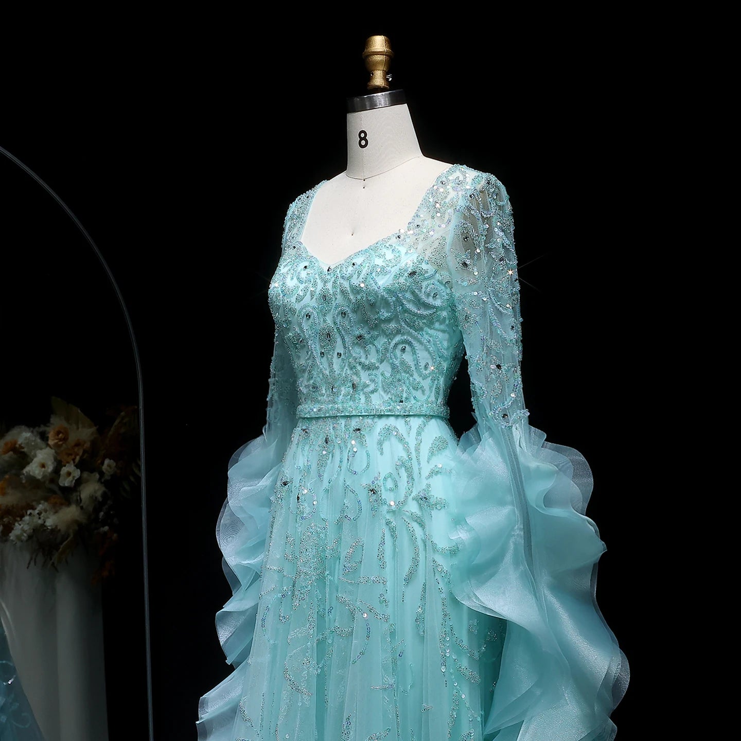 Althea Aqua Luxury Long Sleeve Evening Dress Arabic Beaded Ruffles Gown