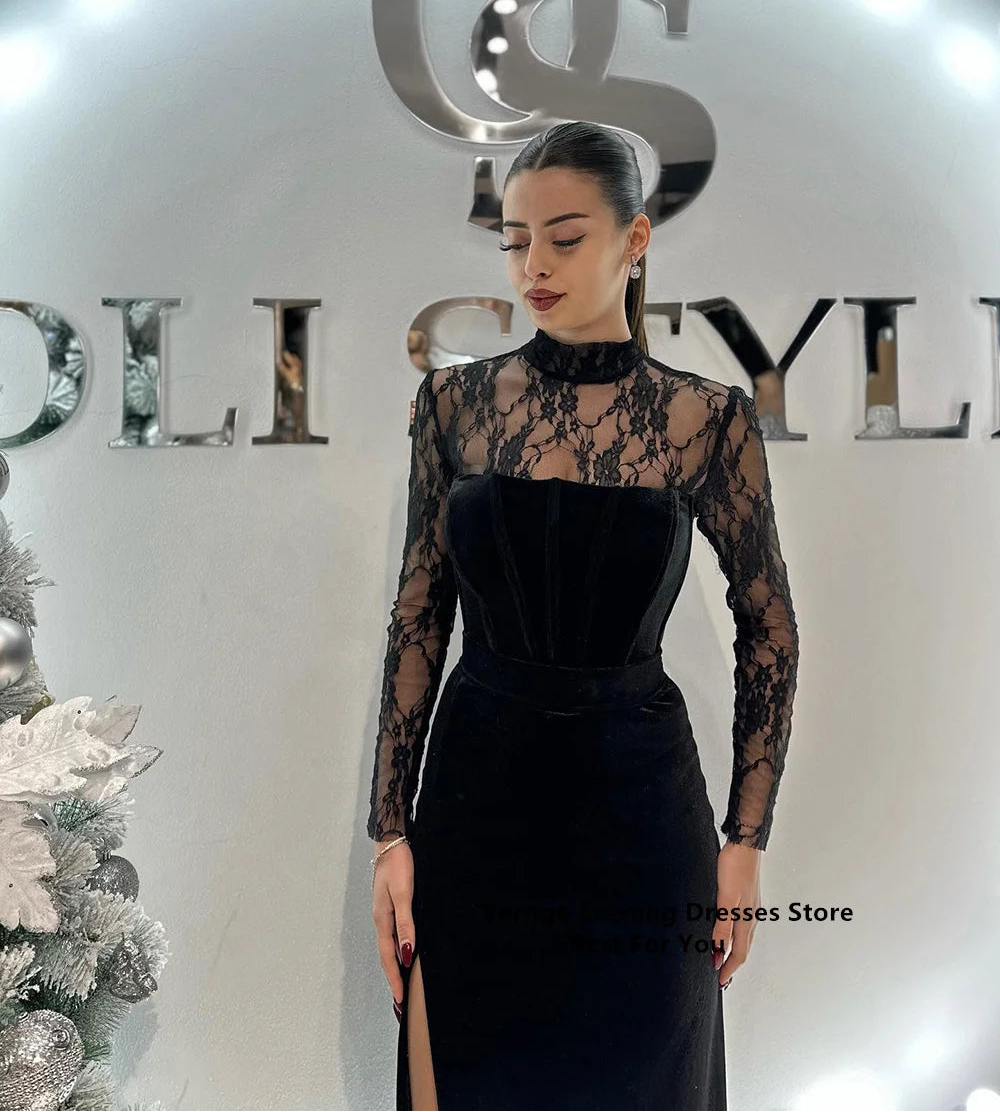 Becca Black Velvet Party Dress Long Lace Prom Gown