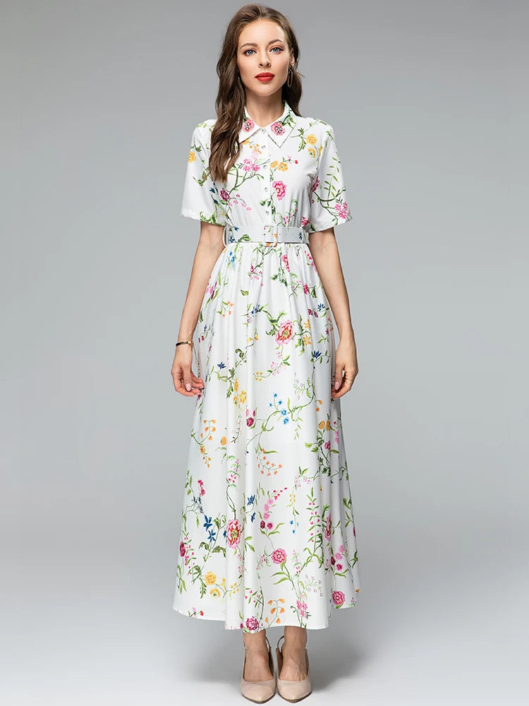 Erzilla Turn-down Collar Short Sleeves Lace-up Floral Print Elegant Party Dress
