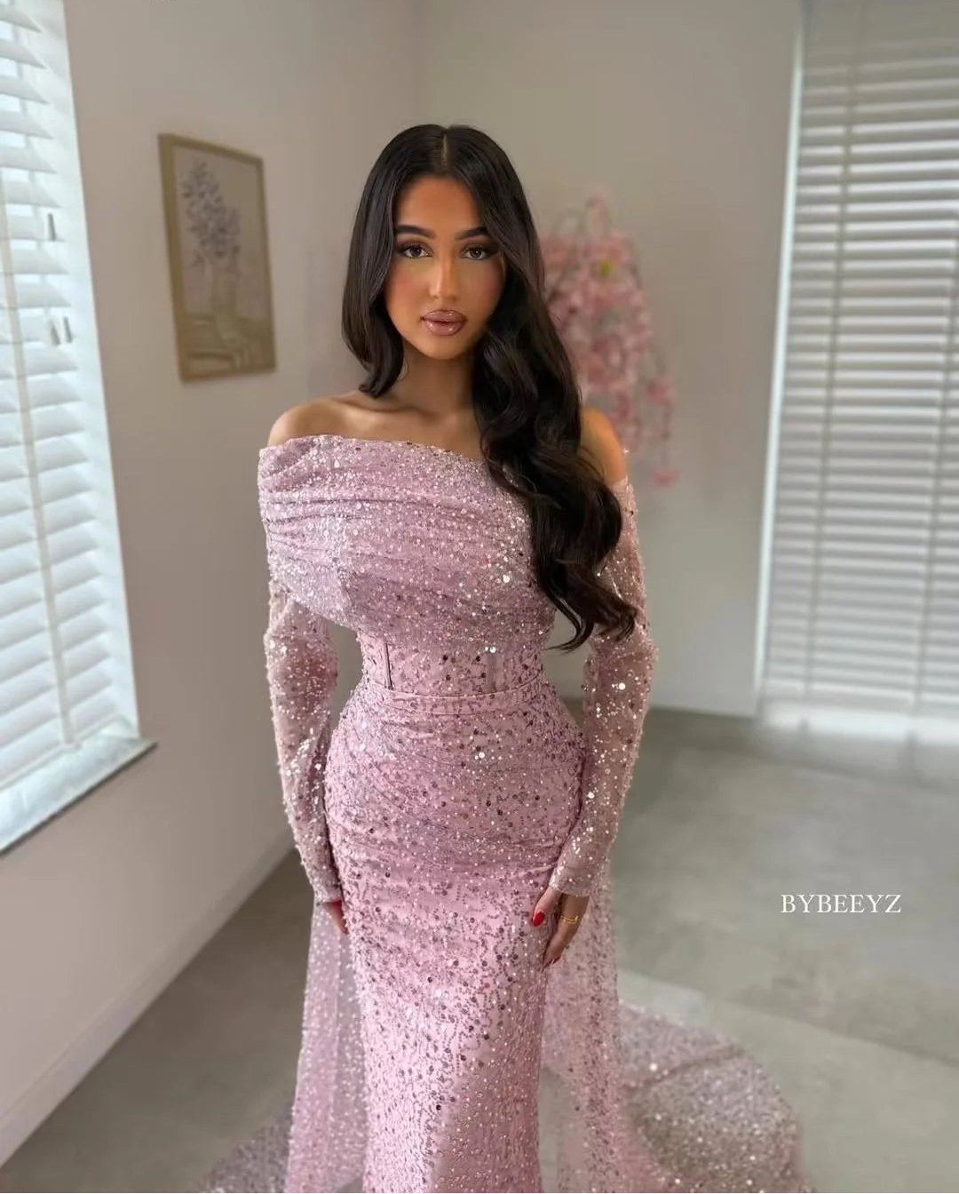Nala Pink Sequined Evening Dress Off The Shoulder Full Sleeves Formal Occasion Dress