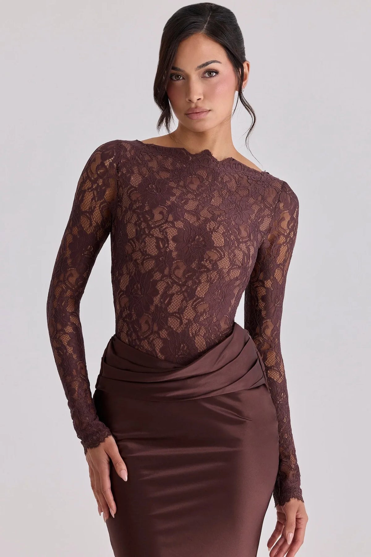 Ora Elegant Splice Fish-tail Skirt Bodycon Long Dress Fashion Lace Hollow Out Full Sleeve Maxi Dress