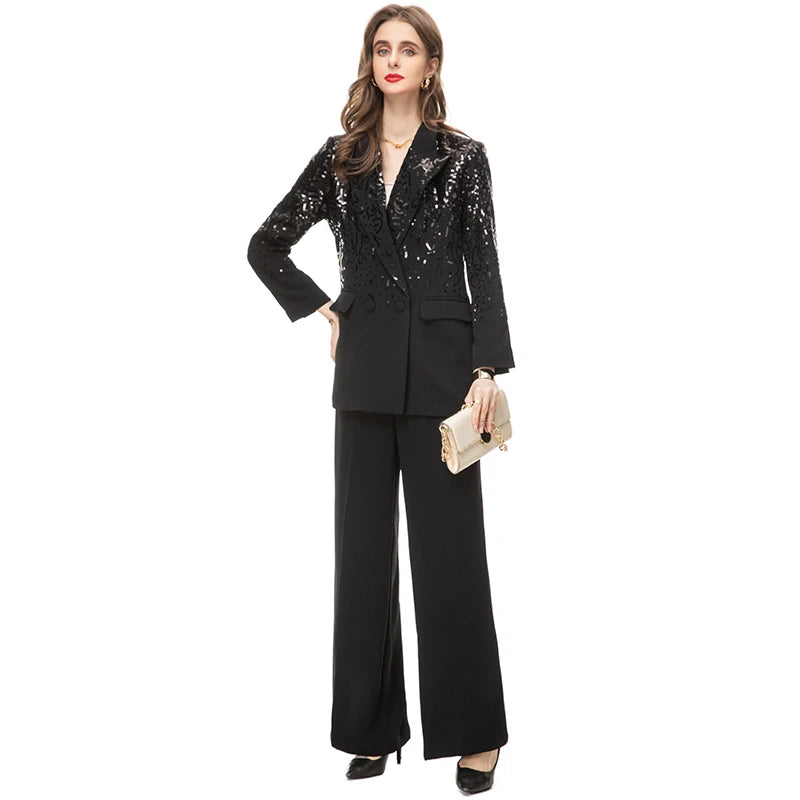 Delola Office Lady Suit Collar Long-Sleeved Sequin Suit Jacket+Wide Leg Pants 2-Piece Set